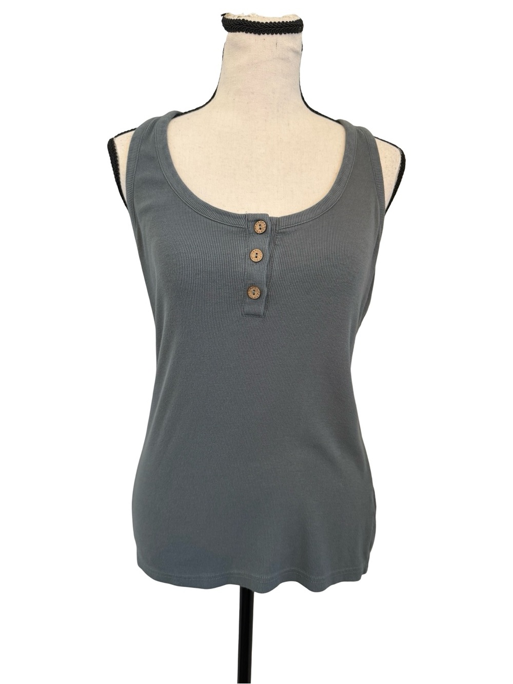 Ribbed Henley Tank Top Gray Sleeveless Button Front Stretch Size Large